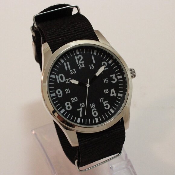 Men's Quartz Field Watch Silver Tone Case Black Military Strap 42mm - Picture 2 of 11